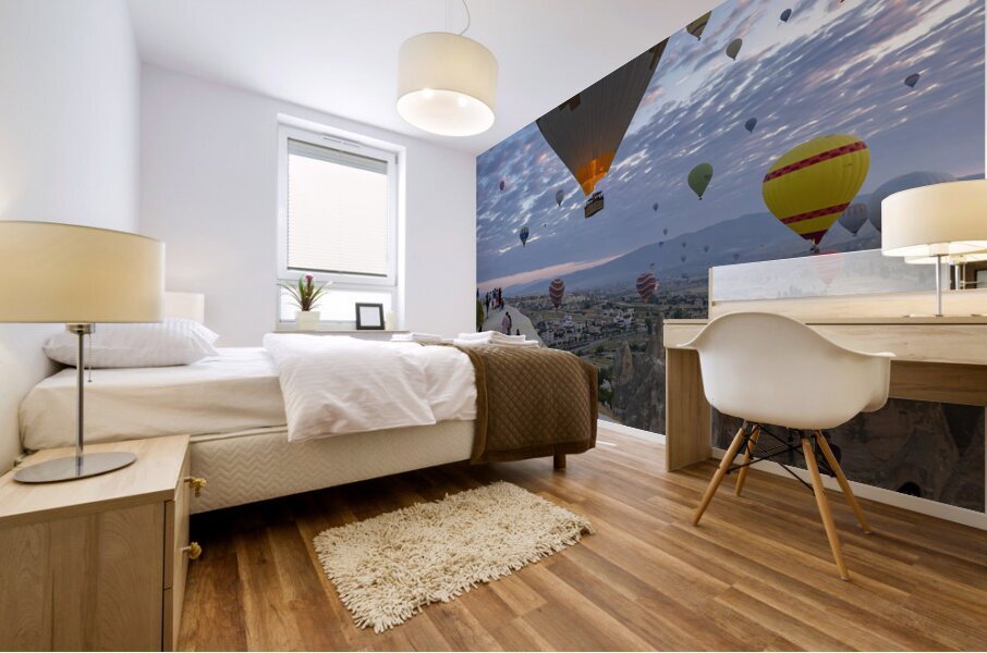 hot air balloon flies near the tourists . Mural print