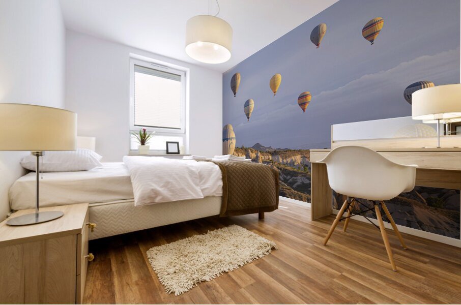 colorful hot air balloons fly at sunrise near goreme Mural print