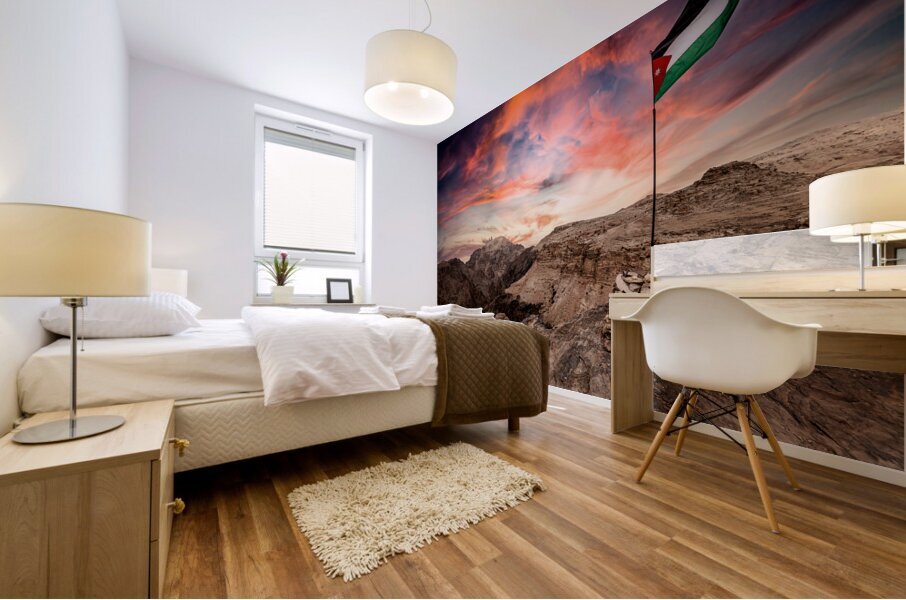 jordan flag on the mountains near petra. Mural print