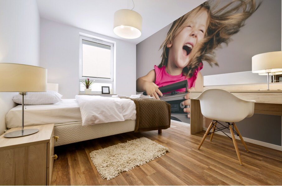 little girl has fun listening to music  Mural print