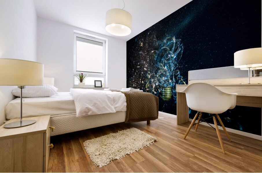 explosion of a glass bulb on black. High speed photography.  Mural print