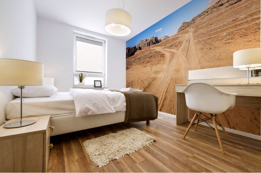track in the desert of Wadi Rum Mural print