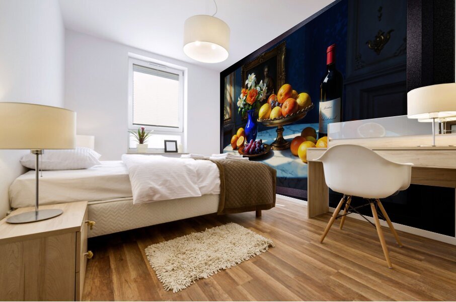 Still Life Of Fruits and Flowers At Dawn Captivating AI Concept Art by Xzendor7 Mural print
