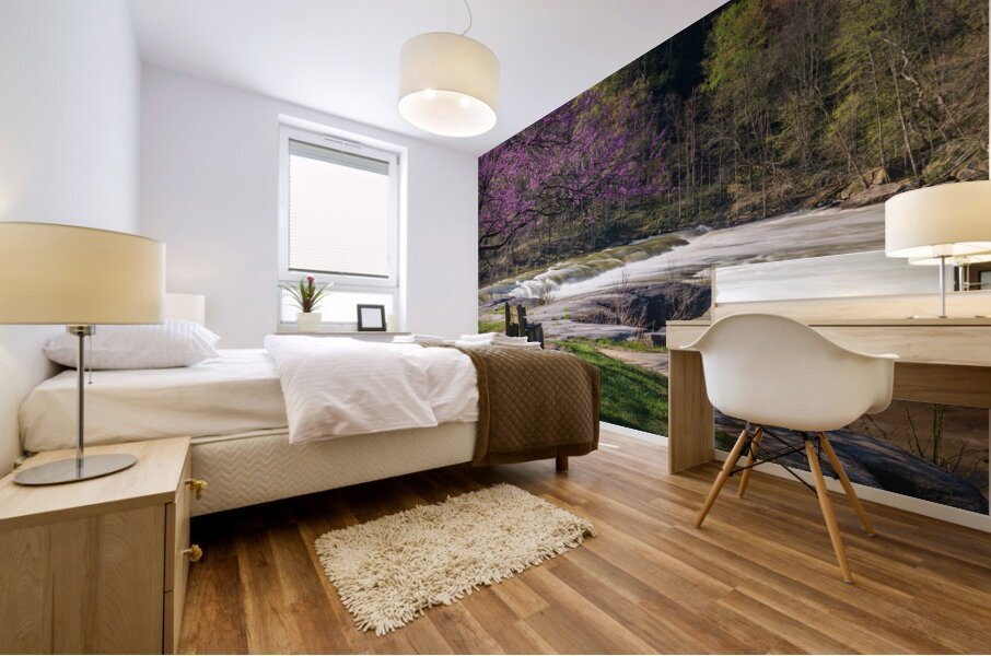 Wooden bench view of Valley Falls on spring morning Mural print