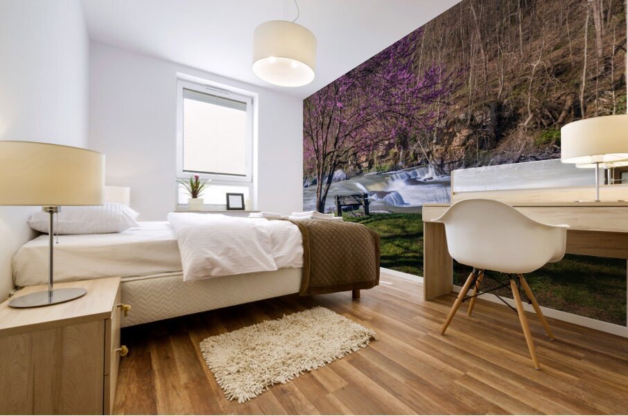 Wooden bench view of Valley Falls on spring morning Mural print