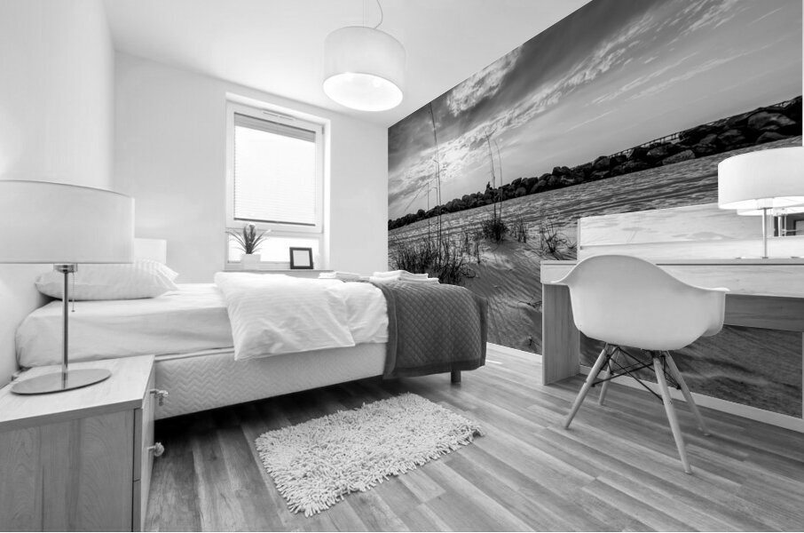 Destin Rock Jetty And Sea Oats Sunset Grayscale Mural print