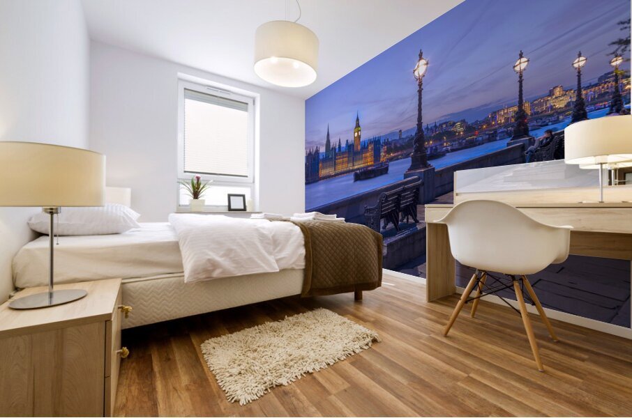 Benches on Thames promenade Mural print