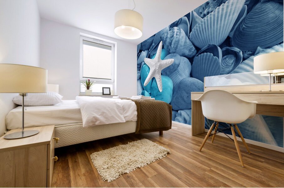 Starfish on the Beach in Blue Mural print