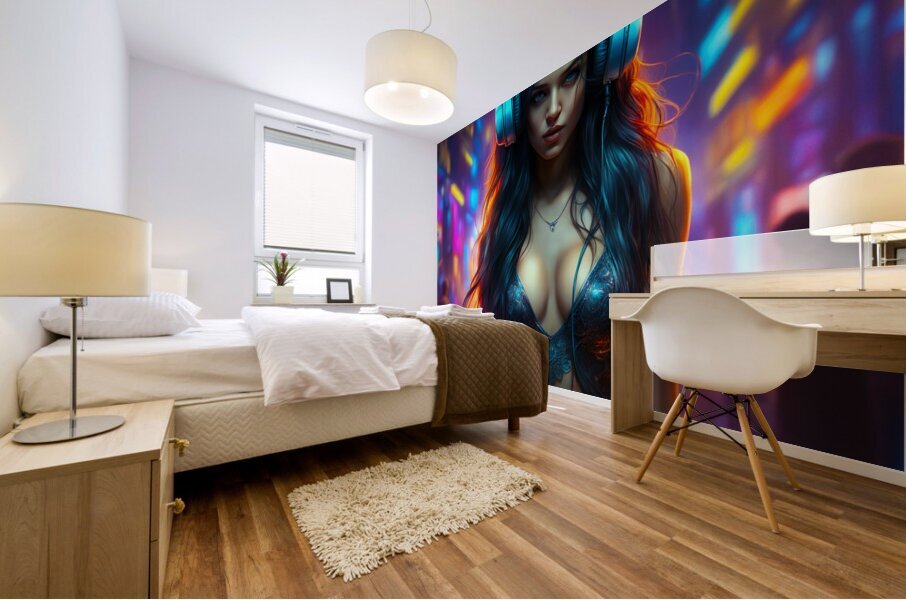 Girl On Headphone Mural print