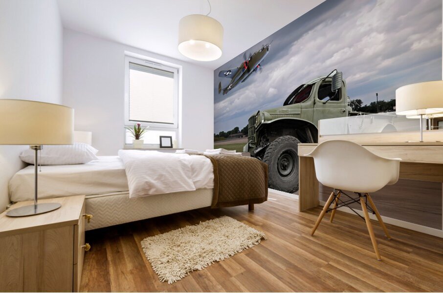 B-25 Mitchell Bomber with Dodge WW2 Military Truck Mural print