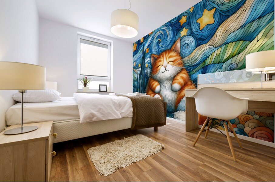 Starry Whiskers Cat - Enchanted Starry Night Cat Mural print
