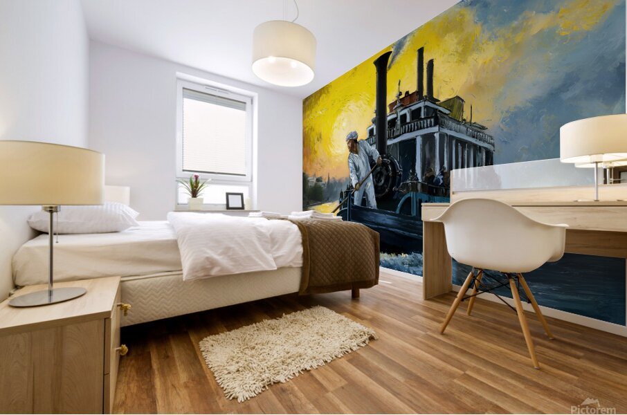 A sailor riding a steamship in the middle of the sea surrounded by waves Mural print