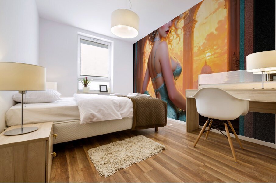 Mesmerizing Rococo-Style Platinum Blonde Beauty In Aqua Green Satin Lingerie AI Concept Art by Xzendor7 Mural print