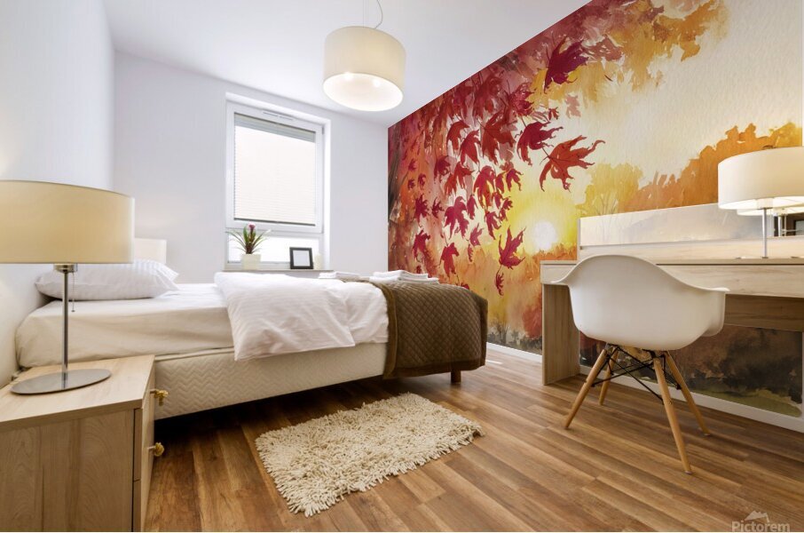 Watercolor drawing of falling red leaves in autum Mural print