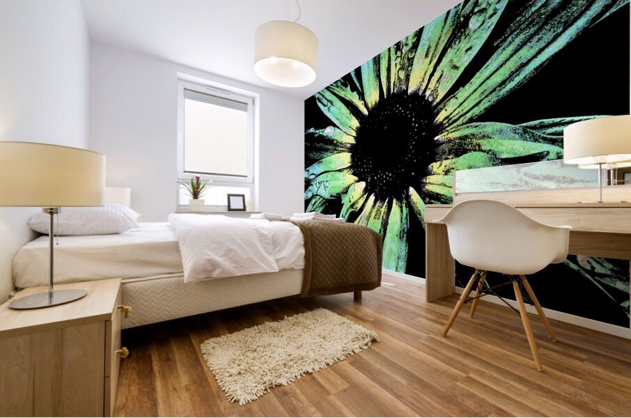 Abstract Vibrant Green and Yellow Daisy Flower Mural print