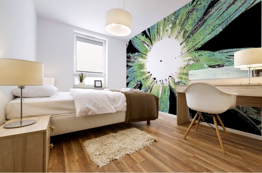 Abstract Vibrant Green and Blue Daisy Flower Mural print
