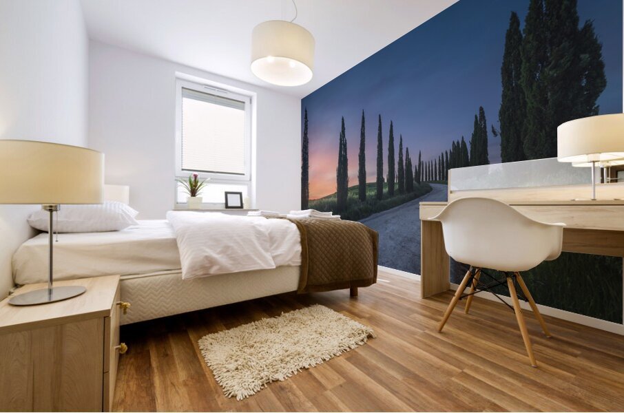 Country road with cypress trees at sunset. Tuscany Mural print