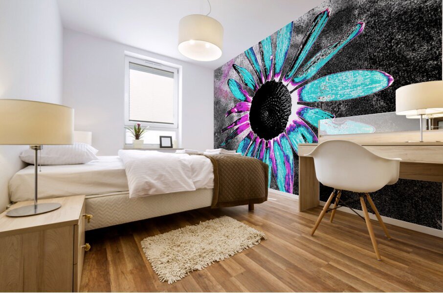 Abstract Neon Blue Daisy Mural print