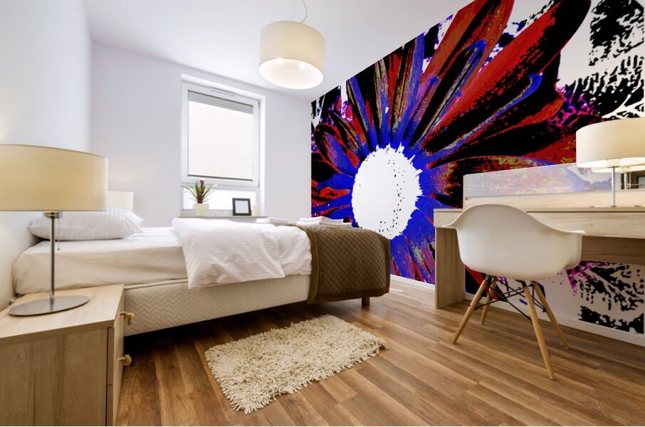 Abstract Vibrant Red and Blue Daisy Mural print