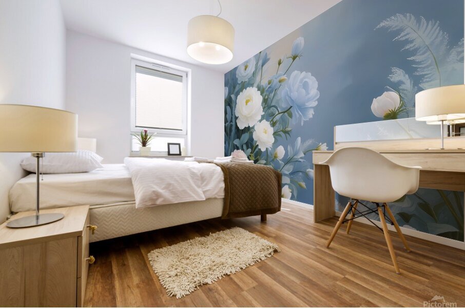A celestial painting featuring blue and white flowers in soft pastel tones adding tranquility and beauty to your decor. Generative Al Mural print
