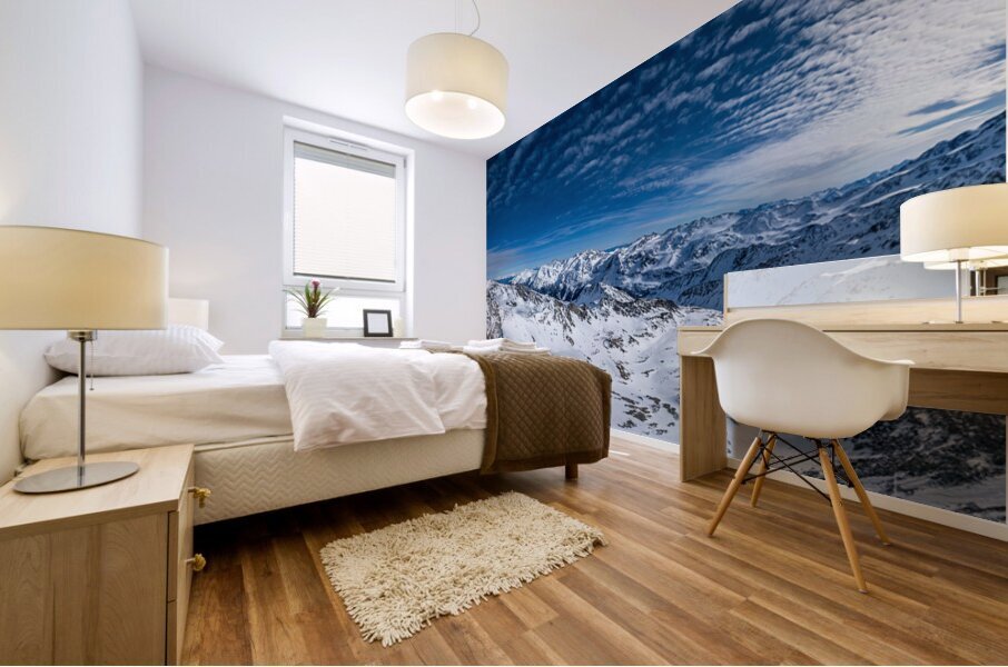 High res aerial panorama shot of scenic snowy mountain range in winter in the European Alps Mural print