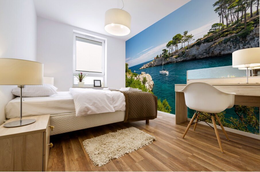 Sailing yacht leaving the beautiful harbour of Veli Losinj Croatia Mural print