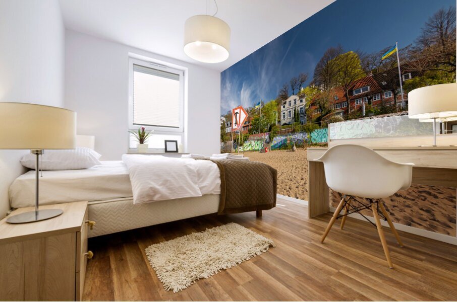 Typical houses at the waterfront and city beach at the Elbe River in Hamburg Germany  Mural print