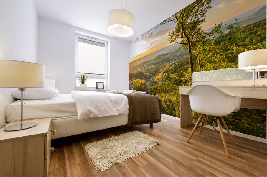 Scenic sunset over a rock ledge Wackerstein in the Swabian Alps in Southern Germany Mural print