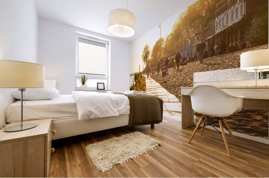 Beautiful golden sunset at the beach of the Elbe River in Hamburg  Mural print