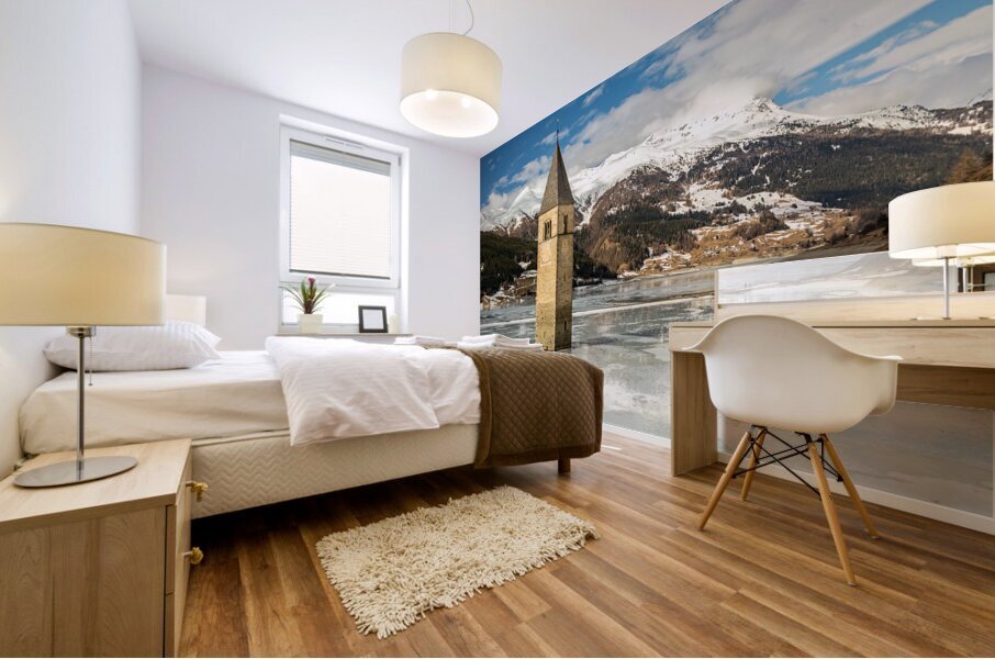 Flooded church tower in Lake Reschen Reschensee in South Tyrol Italy Mural print