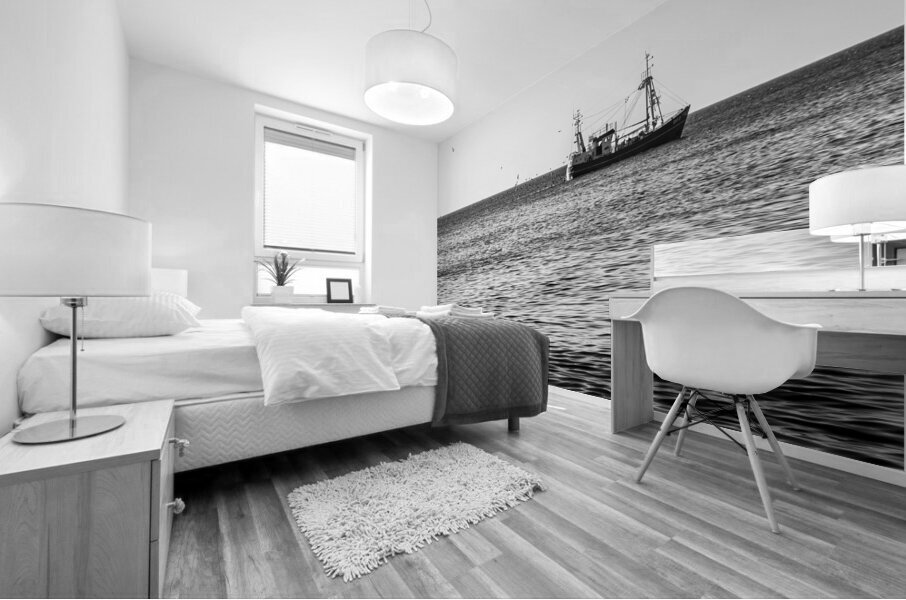 Black and White shot of fishing vessel on the North Sea Mural print