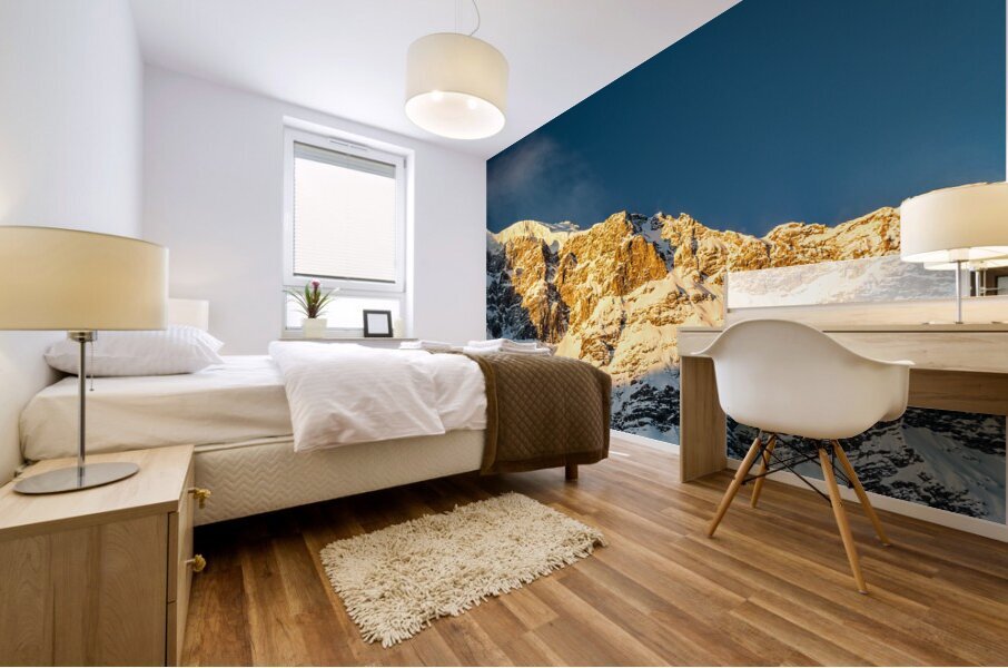 Beautiful golden sunrise at the majestic Ortler Mountain in the European Alps Mural print
