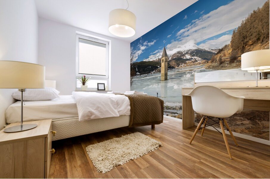 Panorama shot of flooded church tower in Lake Reschen Reschensee in South Tyrol Italy Mural print