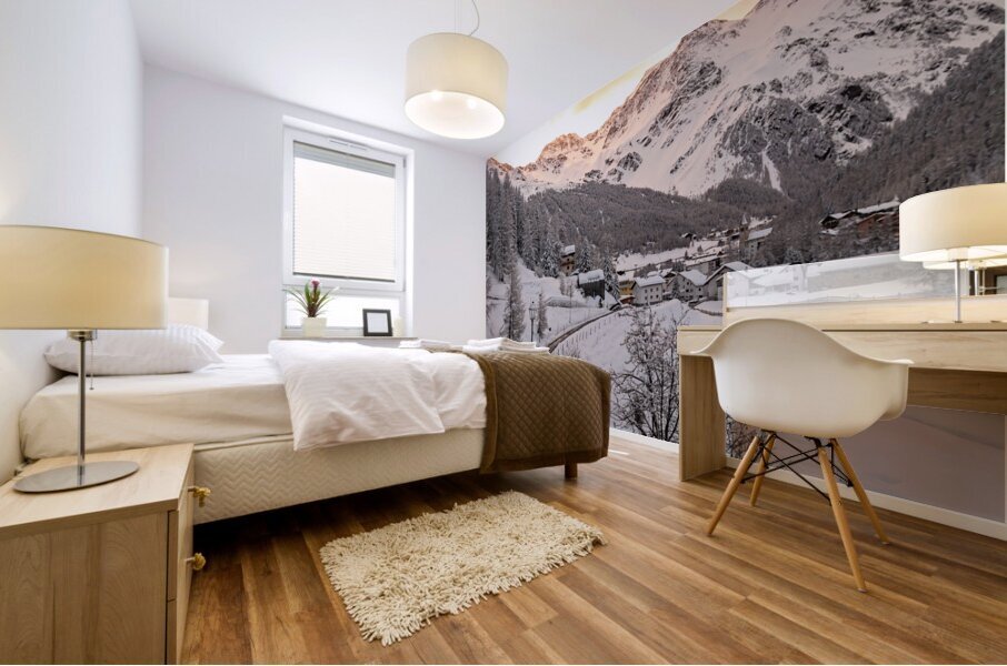 Beautiful sunrise over snowy mountain peaks in Sulden the European Alps Mural print