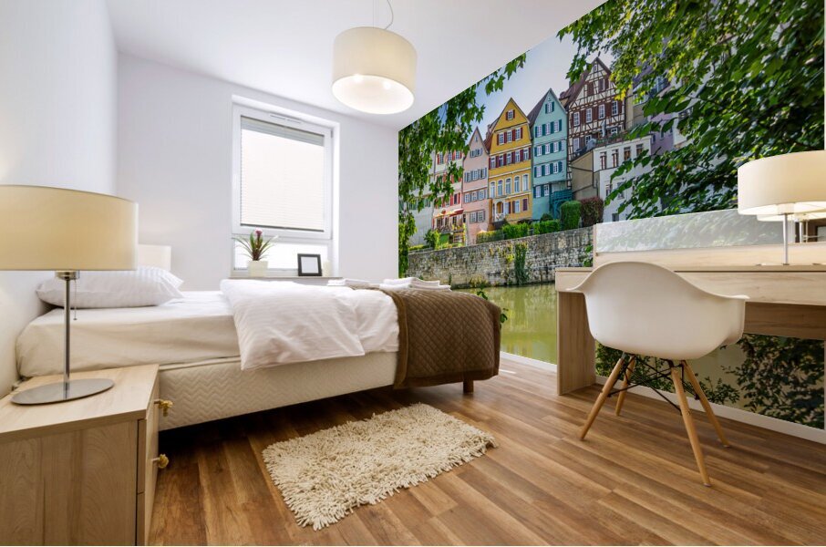Traditional colourful half-timbered houses at the riverfront of Tübingen Germany  Mural print