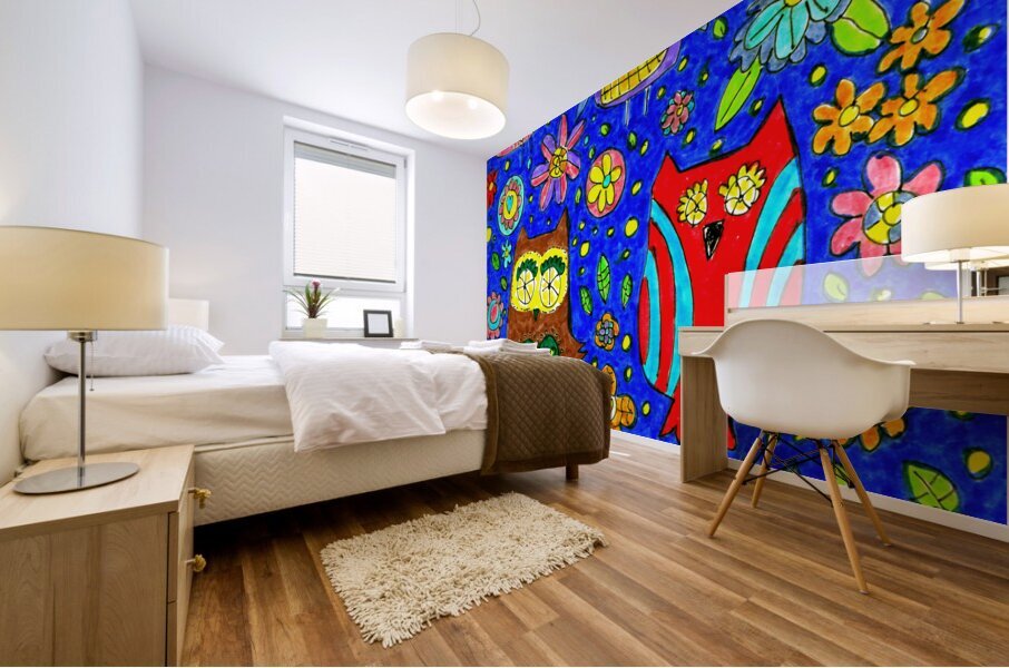 Abstract Owls and Colourful Flowers Mural print