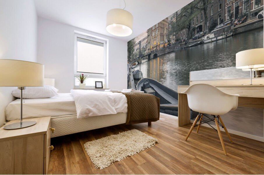 Boat moored by the canal Amsterdam Mural print