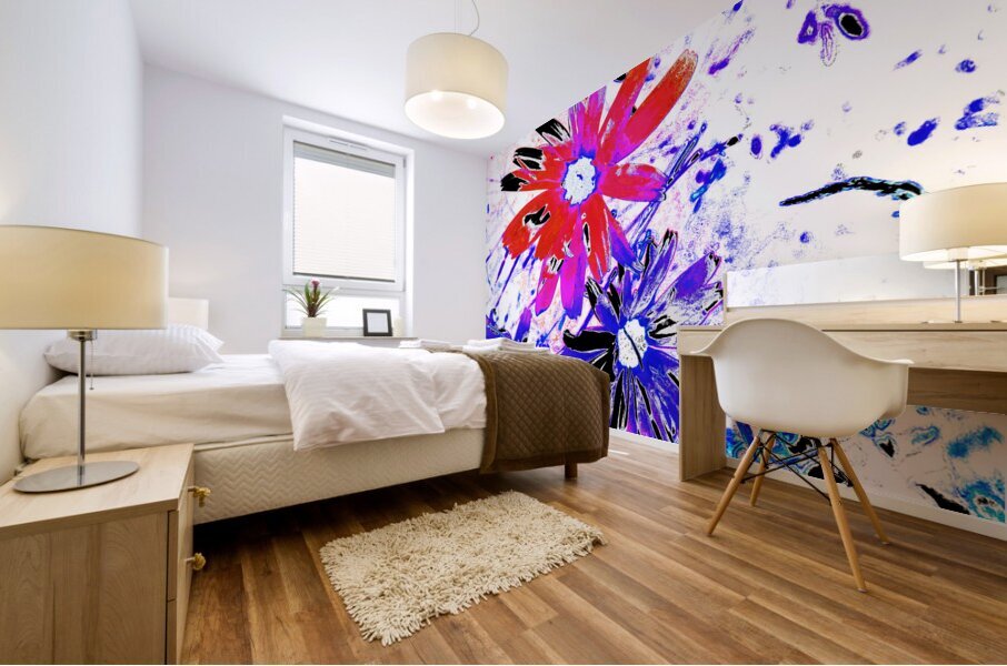 Abstract Red and Blue Daises Mural print