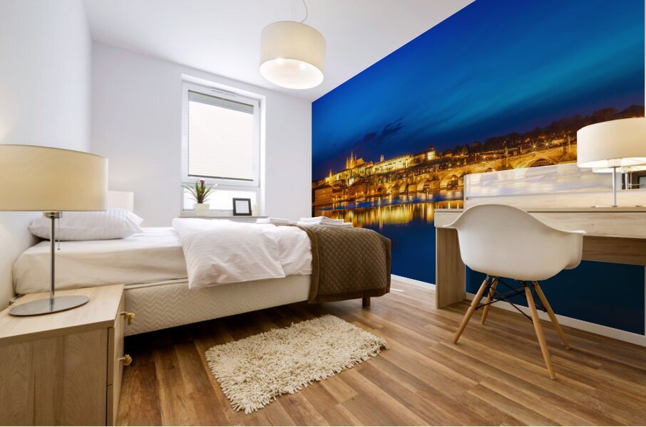 View of Charles Bridge Karluv most and Prague Castle Prazsky hrad in twilight. Panorama Mural print