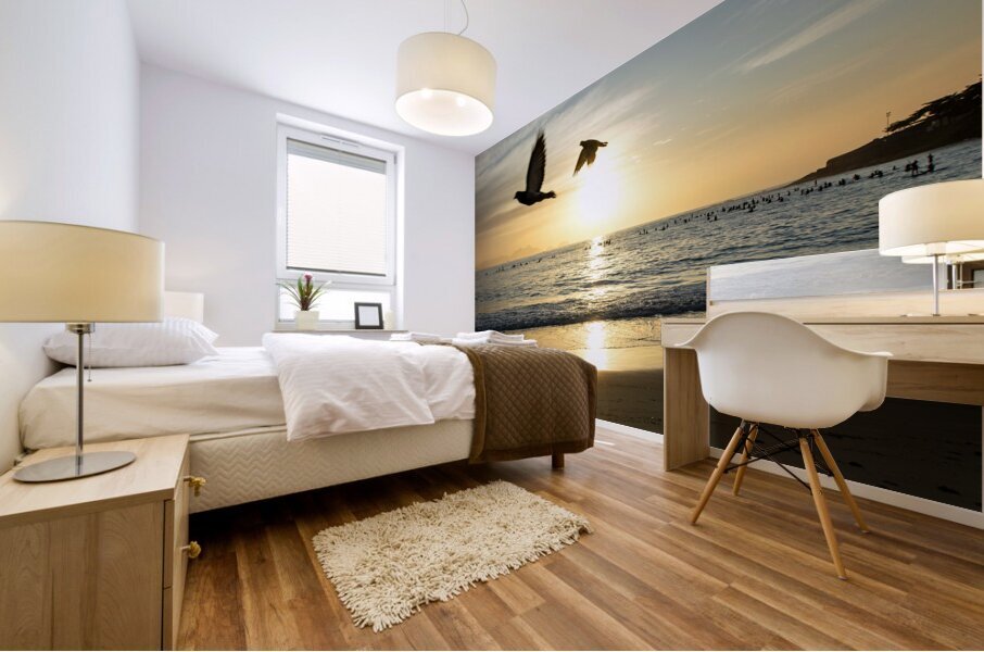 Birds and paddle boarders at the Copacabana Beach in Rio de Janeiro in Brazil at sunrise  Mural print