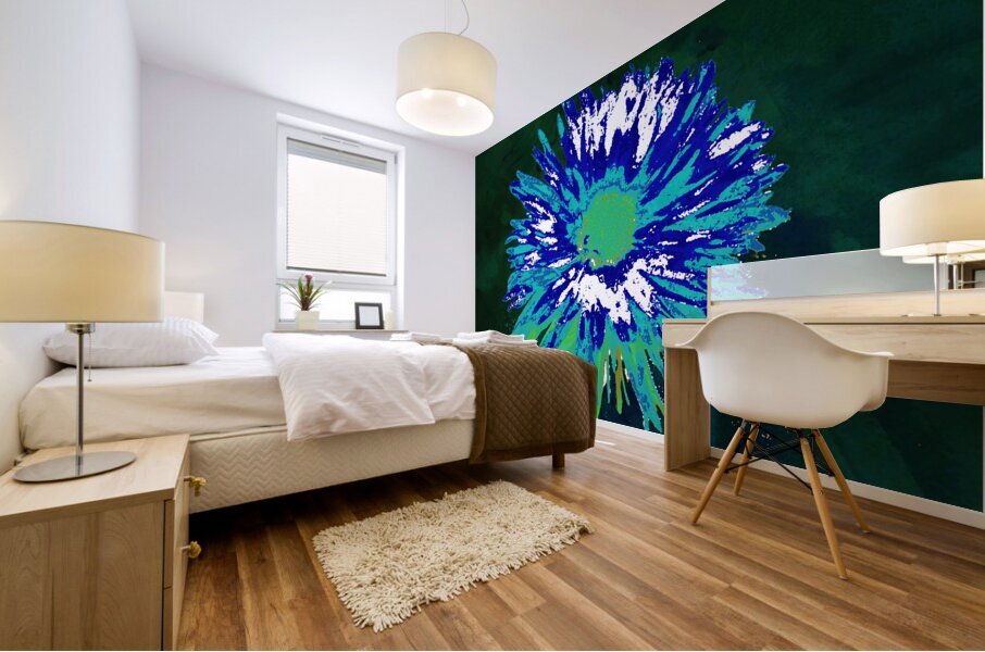 Abstract Vibrant Blue and Green Daisy Flower Mural print
