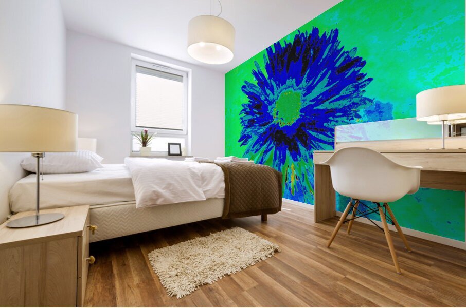 Abstract Vibrant Green and Blue Daisy Flower Mural print