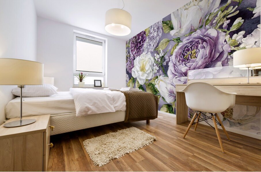 Flowers in Purple Mauve and White Mural print