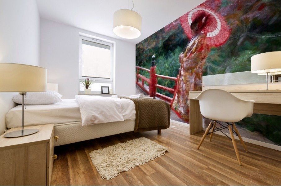 Geisha posing on Japanese bridge Mural print
