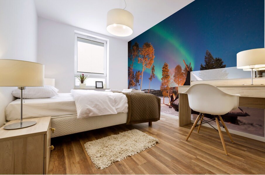 Northern lights by the lake Mural print