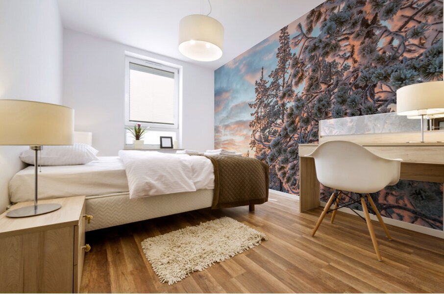 Snowy landscape at sunset in Lapland Mural print
