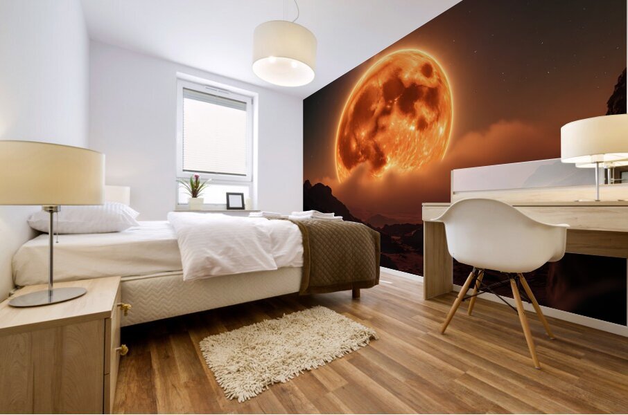 Fiery Orange Moon over Rocky Landscape Mural print