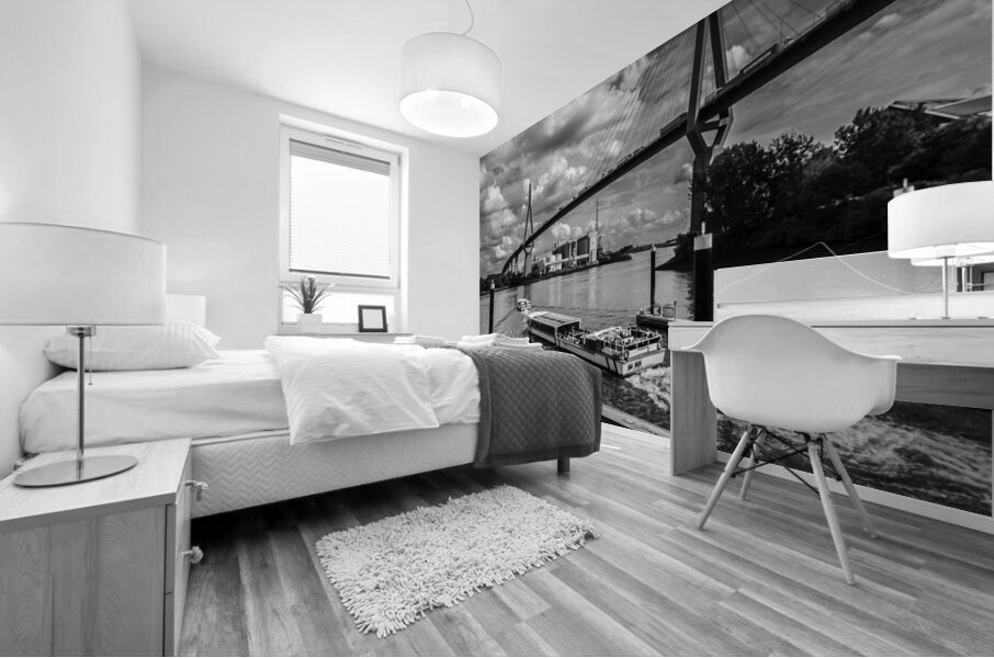 Black and white shot of the Köhlbrandbrücke and ferry in Hamburg Mural print