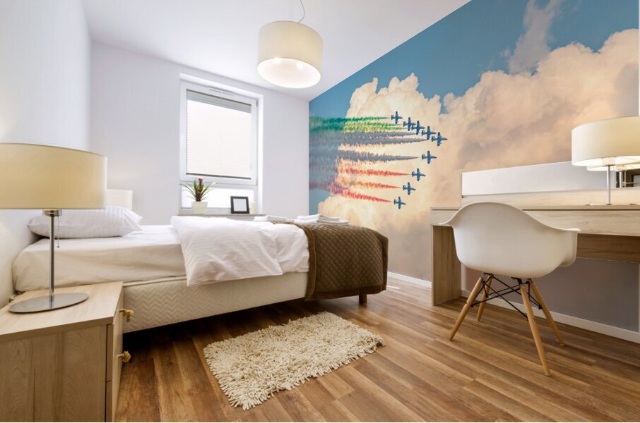 Fighter jets performing airshow with colorful exhaust streams in scenic clouds Mural print