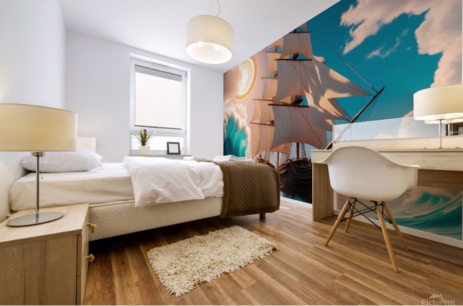 Artwork of an old ship in the middle of the sea waves Mural print